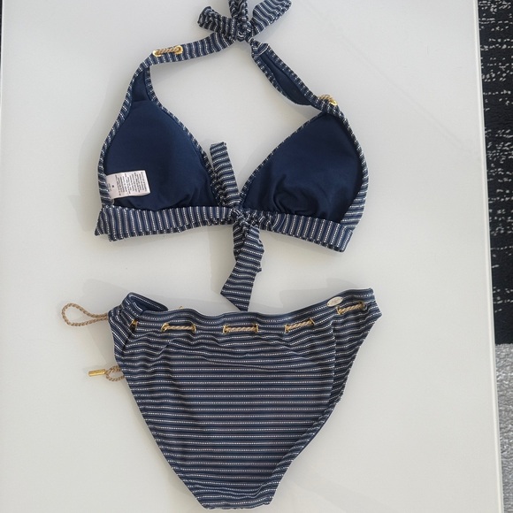 Jessica Simpson Navy Striped Bikini with Gold Accents - Picture 2 of 5